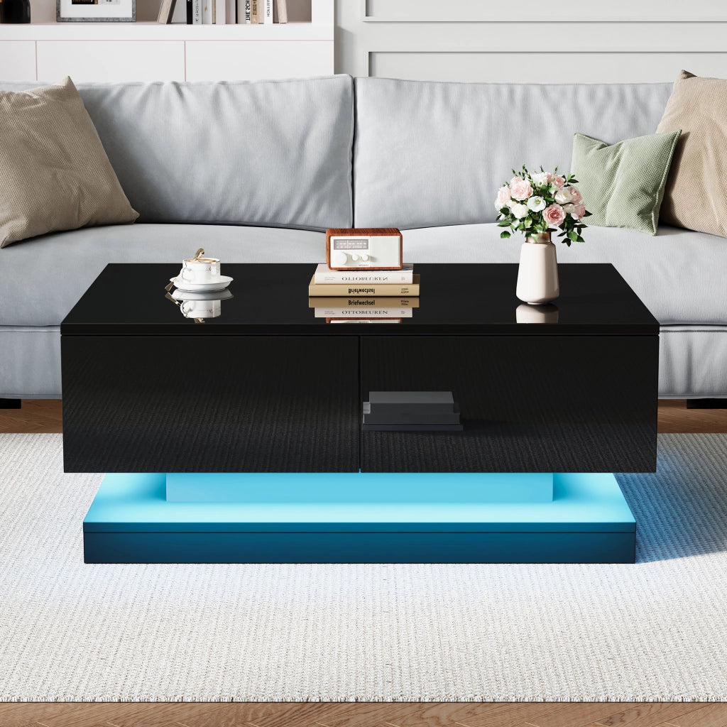 Tavolino da salotto con illuminazione LED - Zephmum- 90x50x38cm- Nero- 2 cassetti, controllo via app