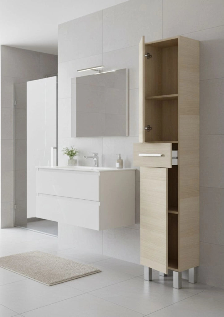 Colonna bagno Alka, Pensile bagno con 2 ante e 1 cassetto, Armadio alto, 35x31h182 cm, Rovere