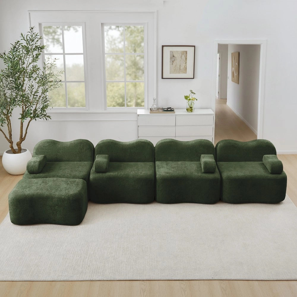 Divano Angolare Modulare 4 Posti con Ottoman ¨C Xylo ¨C Tessuto Verde, Cuscini Braccioli Mobili