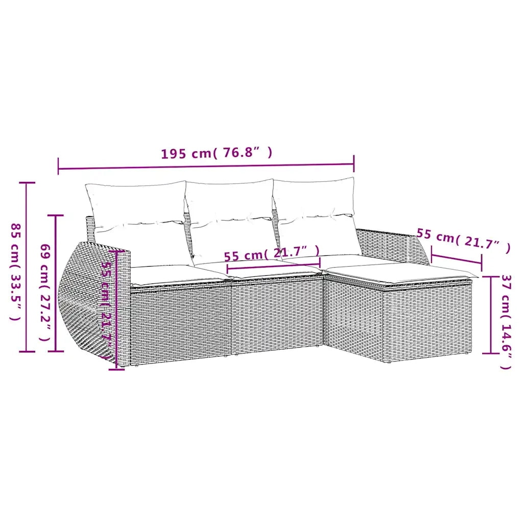 Set Divano da Giardino 4 pz con Cuscini Marrone in Polyrattan