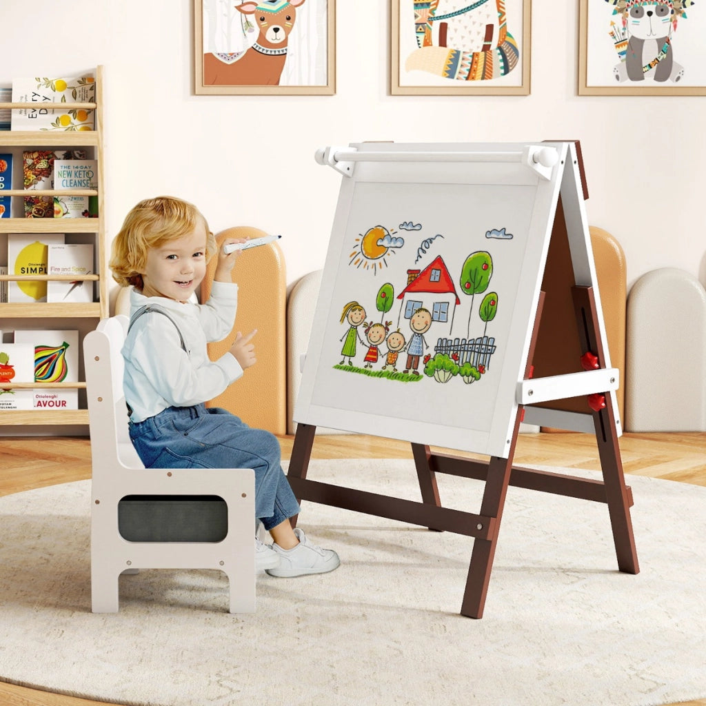 Cavalletto artistico doppia faccia per bambini con sedia contenitore, Cavalletto da disegno regolabile in altezza Marrone