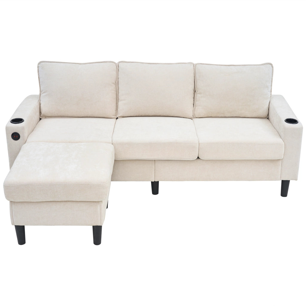 Divano a L beige 3 posti in lino con pouf componibile 202x137x80 cm, prese USB e Type-C integrate