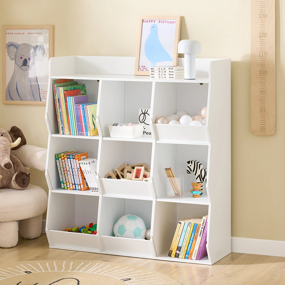 SoBuy Libreria Montessoriana per Bambini Scaffale Portagiochi con 9 Scomparti Aperti Libreria da Terra per Cameretta 95x34x105 cm Bianco KMB120-W