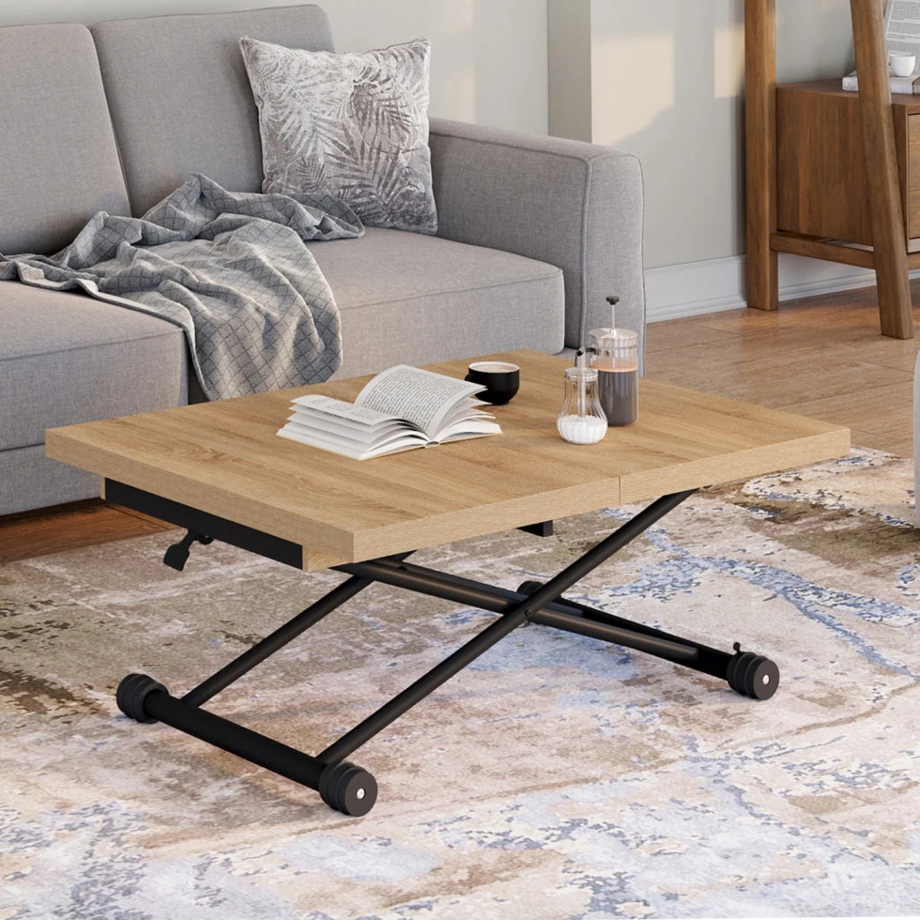IDMarket - Tavolino di design industriale in legno e nero ALTURA, allungabile e trasformabile in tavolo da pranzo rettangolare