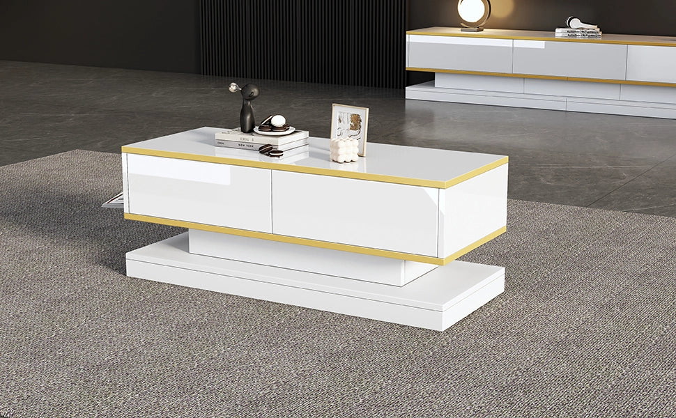 TAVOLINO DA SALOTTO 100 x 50 x 38 cm Bianco caldo con bordi oro e 2 cassetti