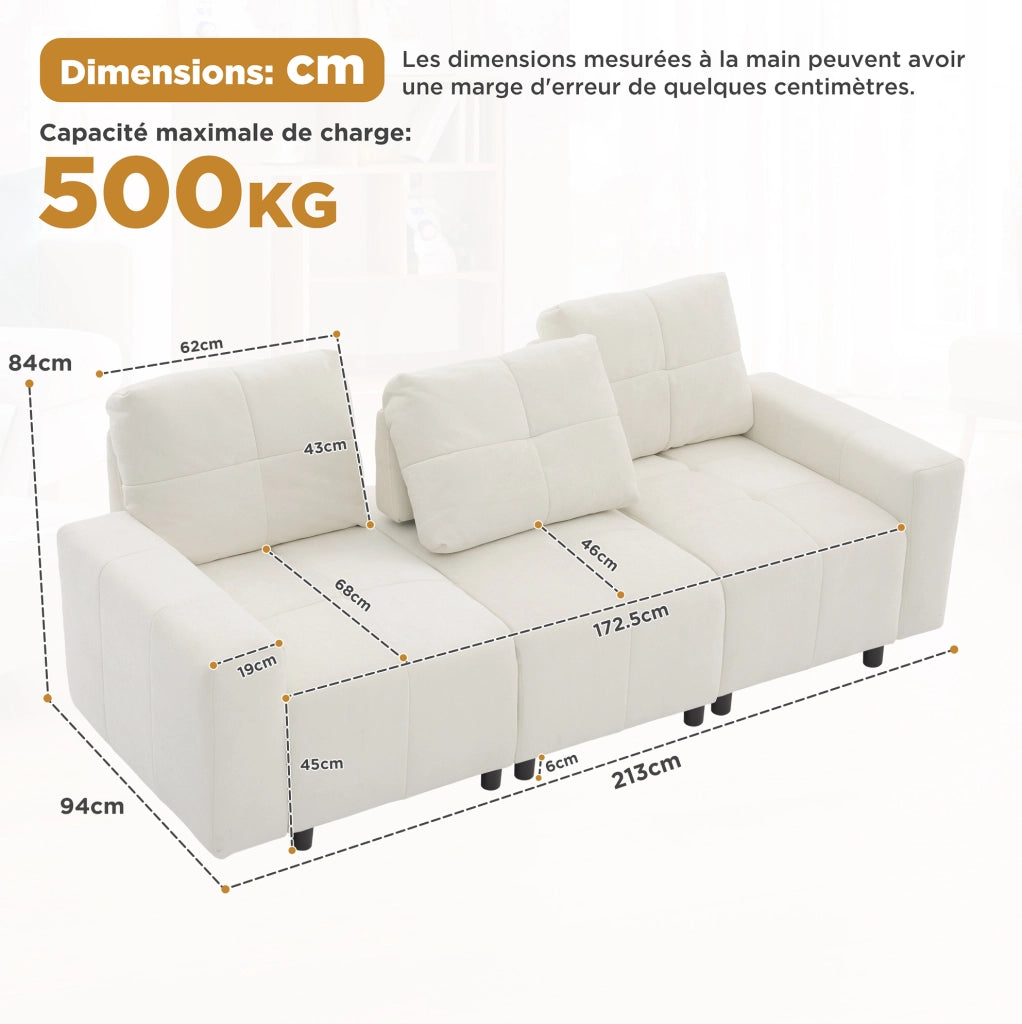 DIVANO 3 posti modulare 3-in-1 213 cm in ciniglia beige bianco