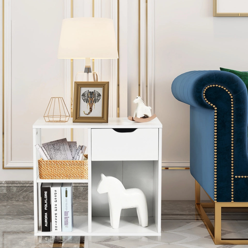 Tavolino di servizio con cassetto per piccoli spazi-Comodino industriale per salone e camera da letto-Bianco