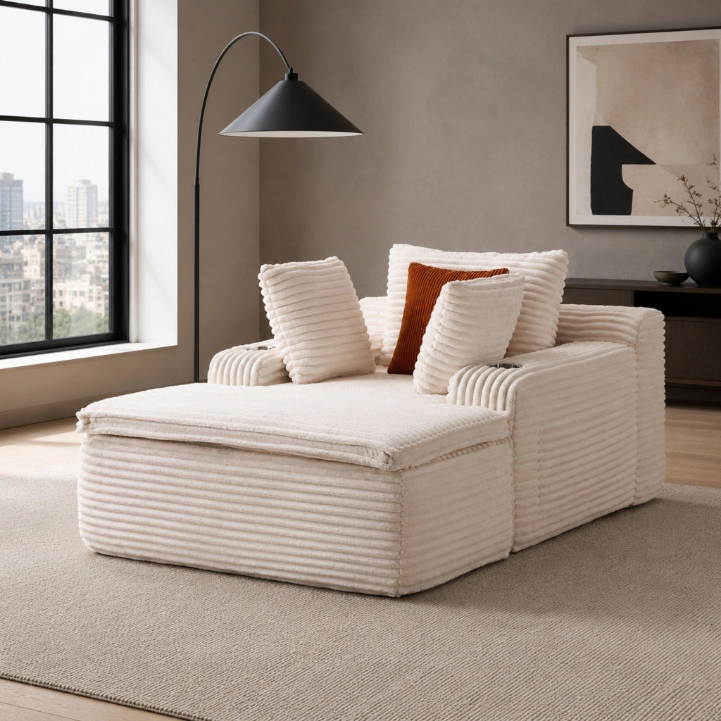 Divano da pavimento pieghevole beige con chaise longue; velluto a coste e cuscino trasformabile