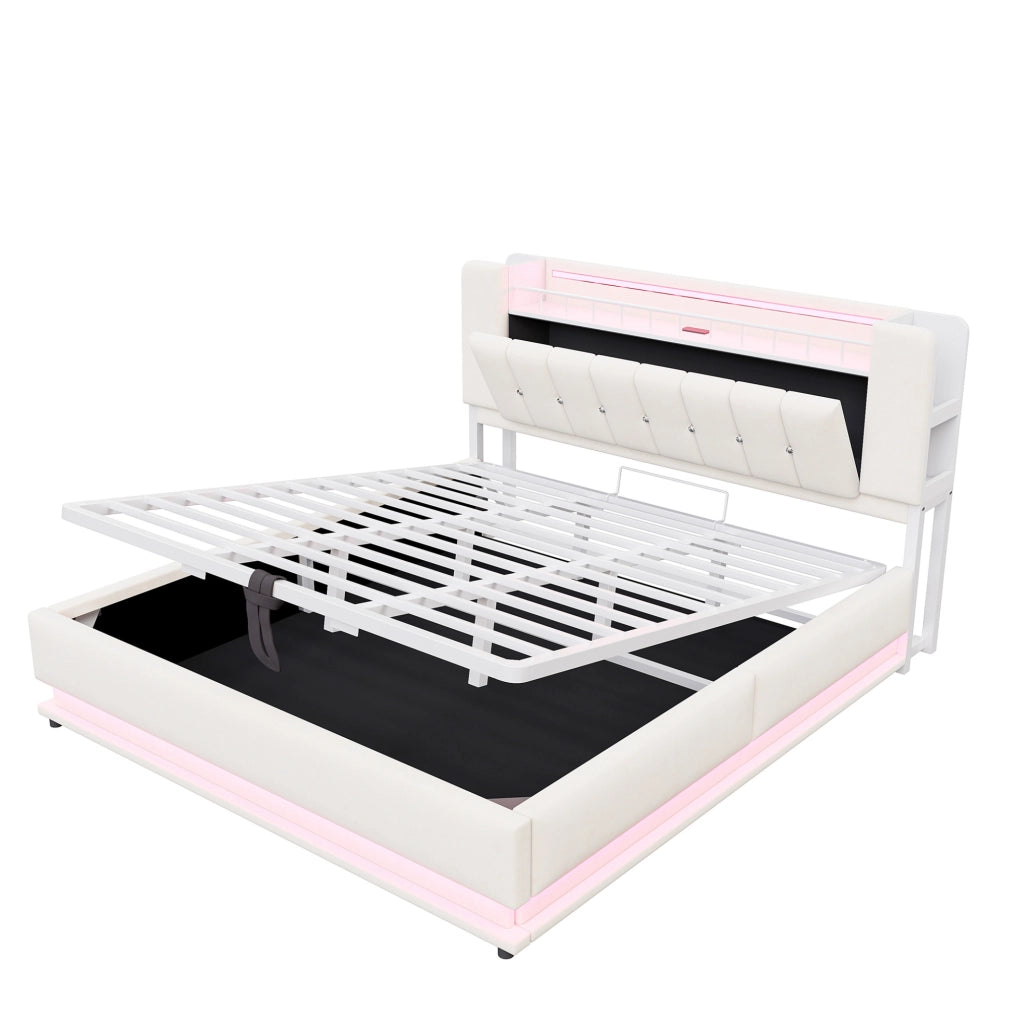 Letto imbottito matrimoniale 180x200 cm con LED; porte USB e contenitore idraulico; beige