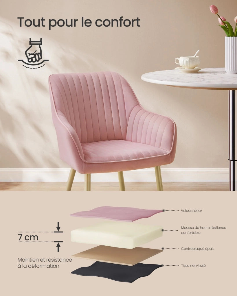 Sedia da pranzo poltrona seduta imbottita con braccioli larghezza seduta 49 cm gambe in metallo rivestimento in velluto portata 110 kg per soggiorno o camera da letto rosa 12_0004909
