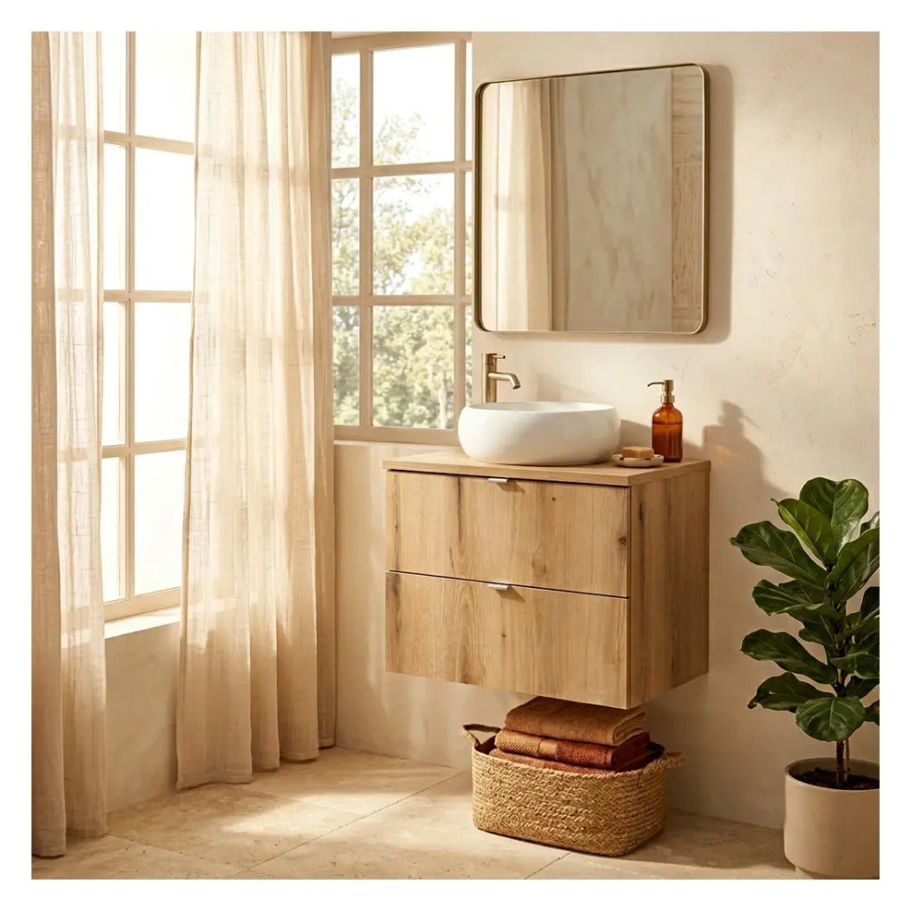 Set da bagno sospeso VANO effetto quercia 60cm: mobile sotto lavabo con cassetti + piano per lavabo
