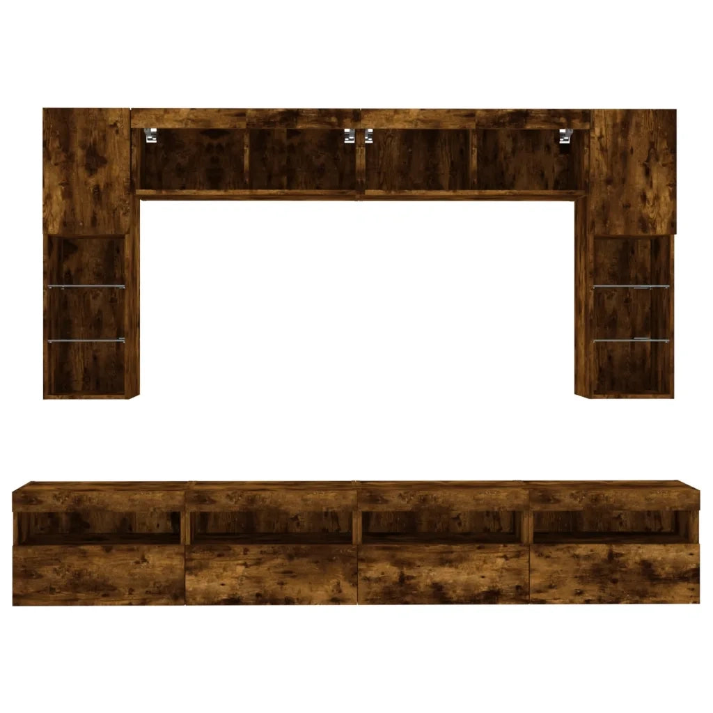 Set Mobili TV a Muro 8 pz con Luci LED Rovere Fumo
