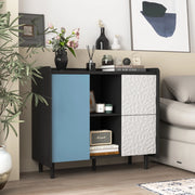 Credenza moderna nera e blu con 2 cassetti e vani aperti; 90 x 40 x 80 cm in MDF