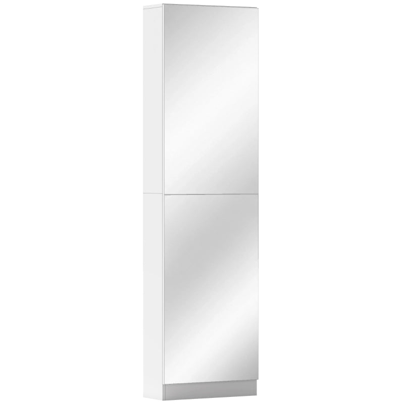 Scarpiera stretta con specchio, 5 ripiani e vano inferiore, chiusura ammortizzata per ingresso, 50 × 20 × 180 cm, bianco