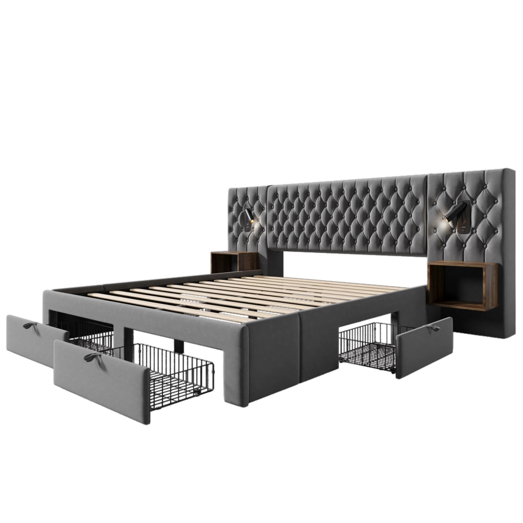 LETTO Matrimoniale 180x200 cm in Velluto Grigio con 2 Comodini e 4 Cassetti