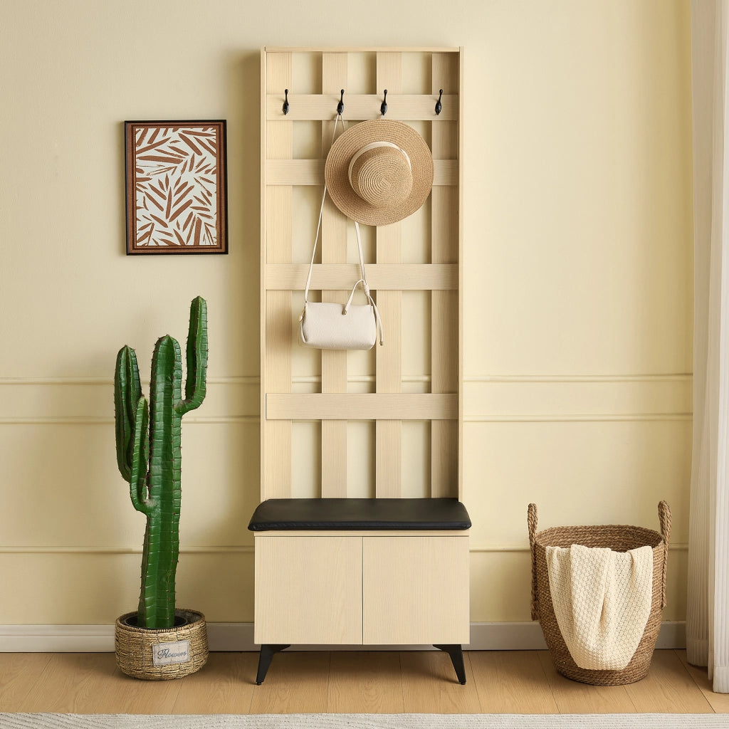 GARDEROBA con 4 ganci e panca 60x35x179,5 cm MDF effetto legno e acciaio nero