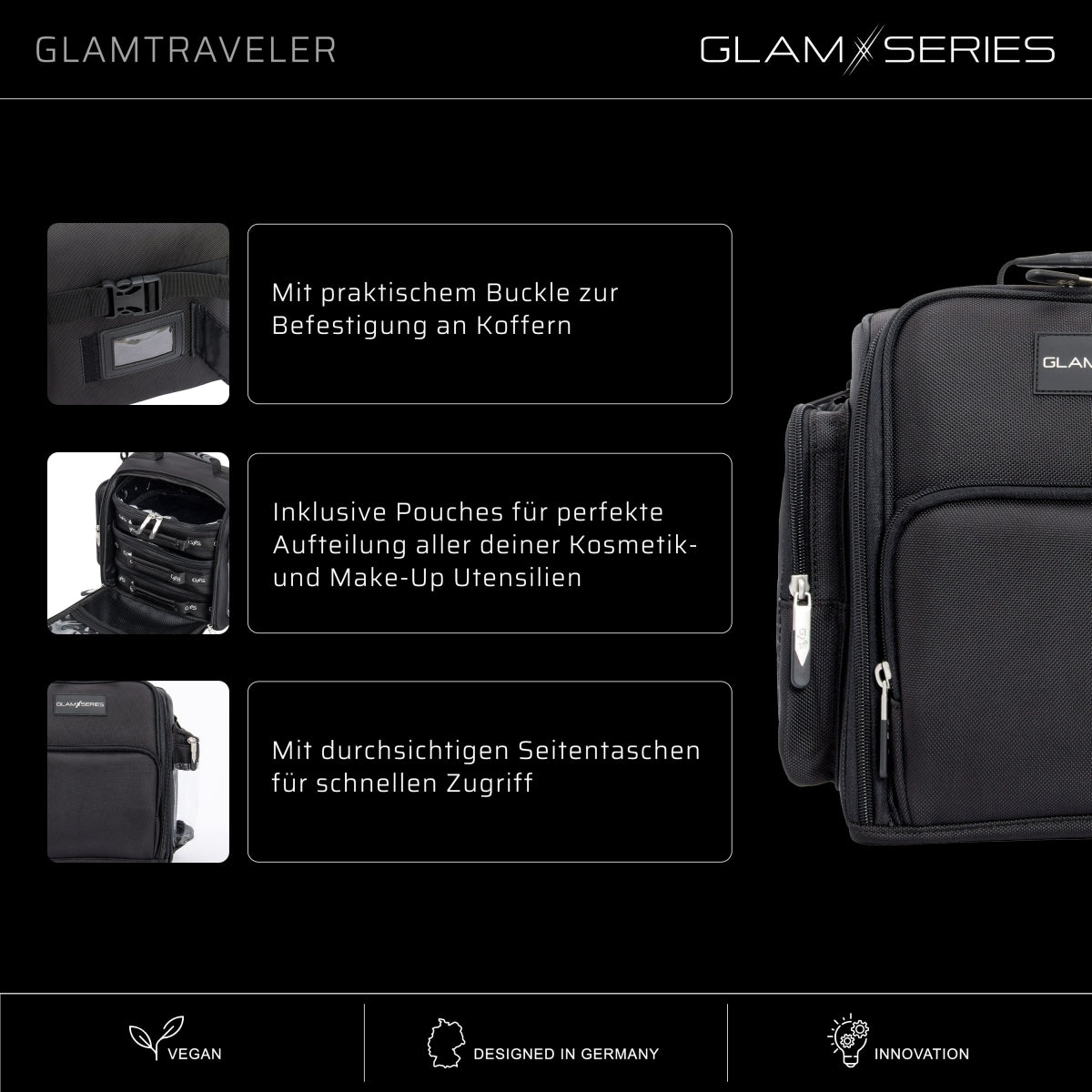 GlamSeries GlamTraveler Borsa porta trucchi con 3 astucci, trousse con fibbia per fissaggio a valigie, pochette da lavoro ideale per truccatori e parrucchieri