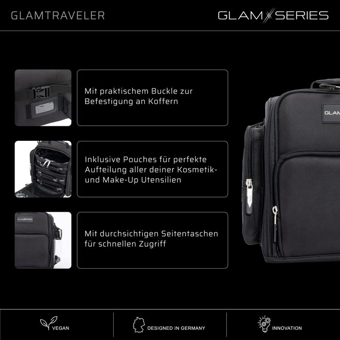 GlamSeries GlamTraveler Borsa porta trucchi con 3 astucci, trousse con fibbia per fissaggio a valigie, pochette da lavoro ideale per truccatori e parrucchieri