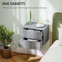 Set di 2 Comodini Sospesi con 2 Cassetti Moderni e Salvaspazio, 40x29x30 cm, Grigio Cemento