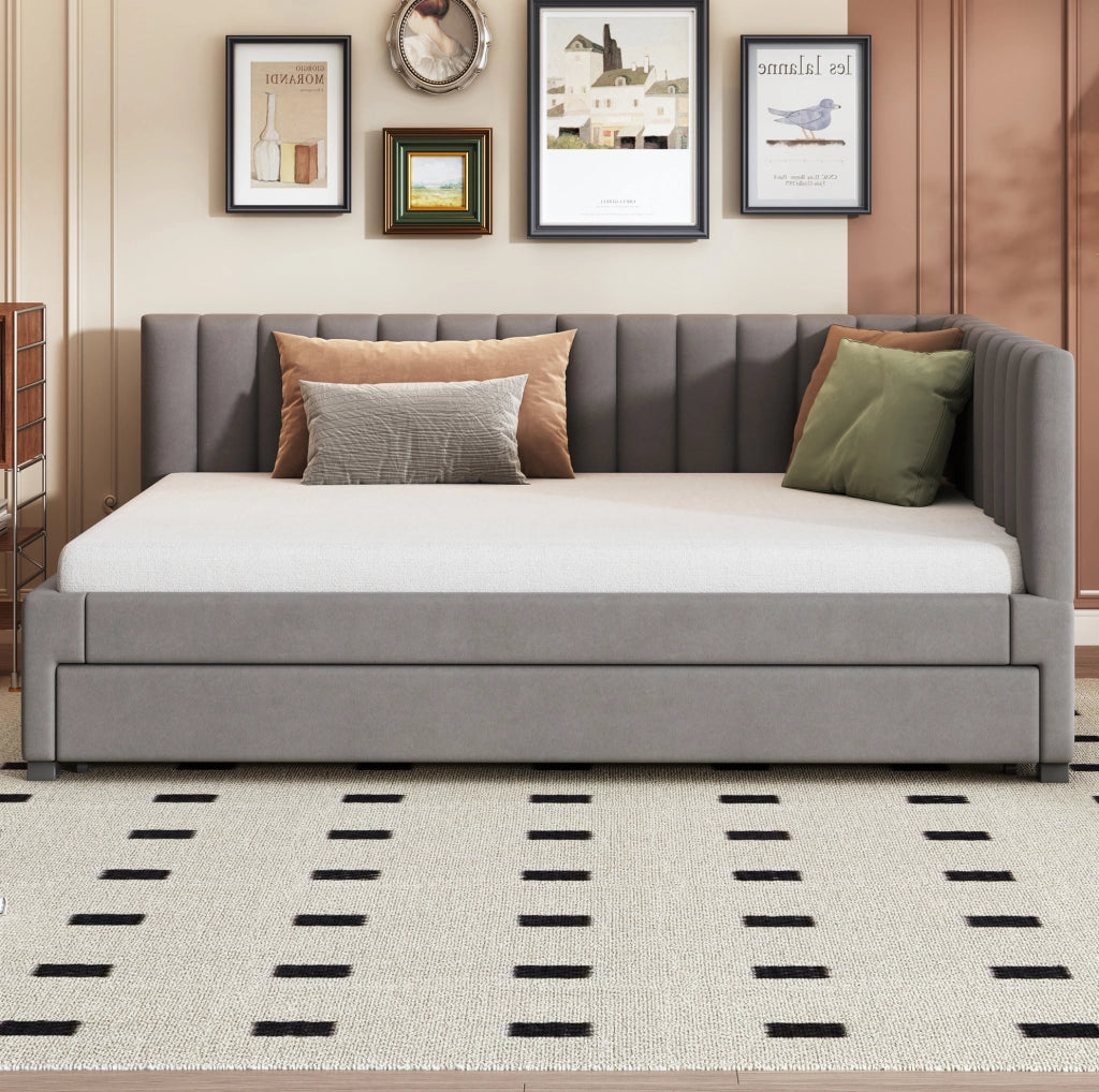 Letto imbottito grigio 140 x 200 cm con letto estraibile e rete a doghe