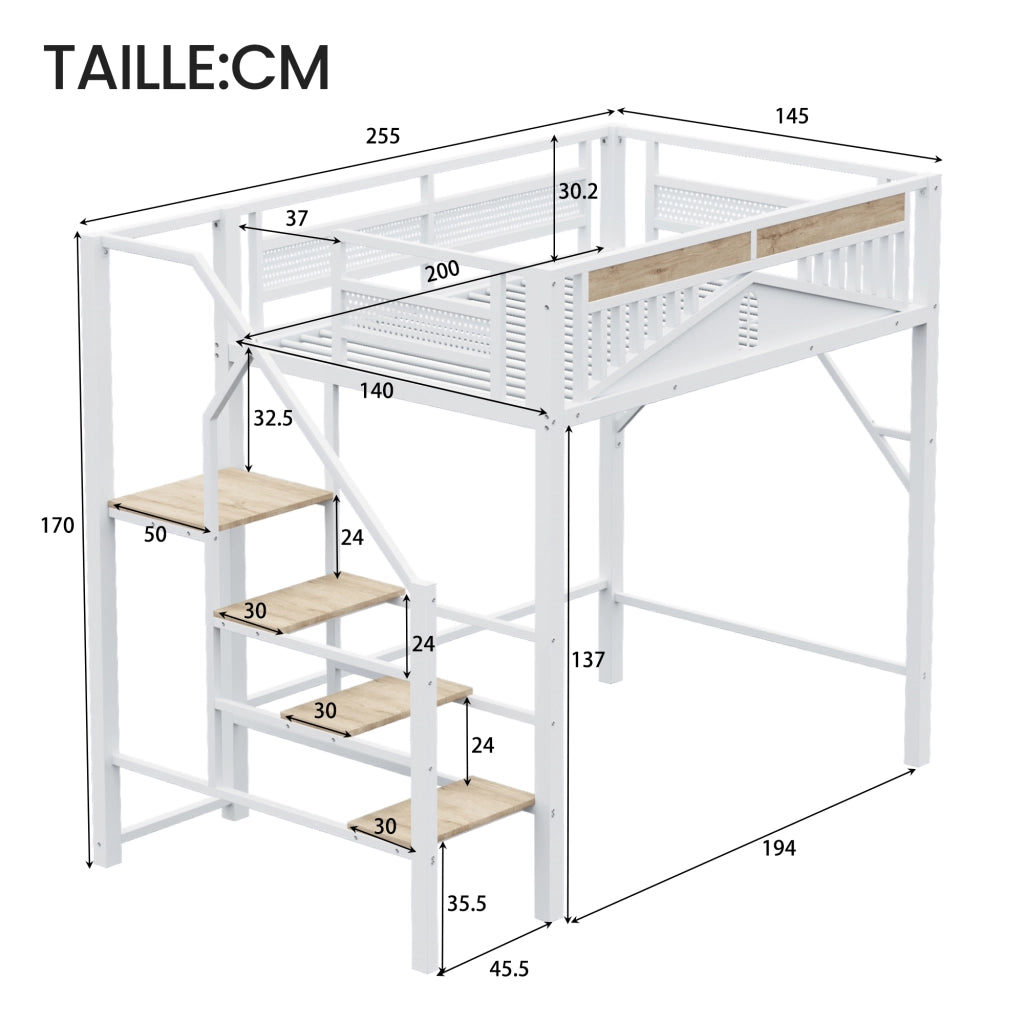 OKWISH Letto a Soppalco 140×200 cm, Letto Matrimoniale con Scala di Sicurezza, Contenitore e Sponde, senza Materasso, Metallo, Bianco