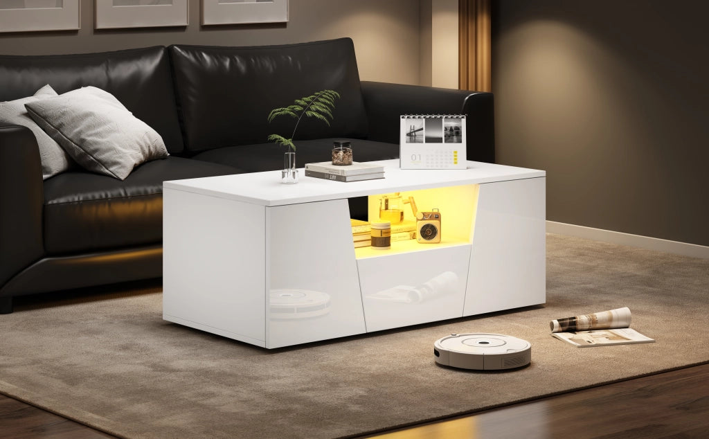 Tavolino da salotto bianco con luci led 100x50x40 cm lucido