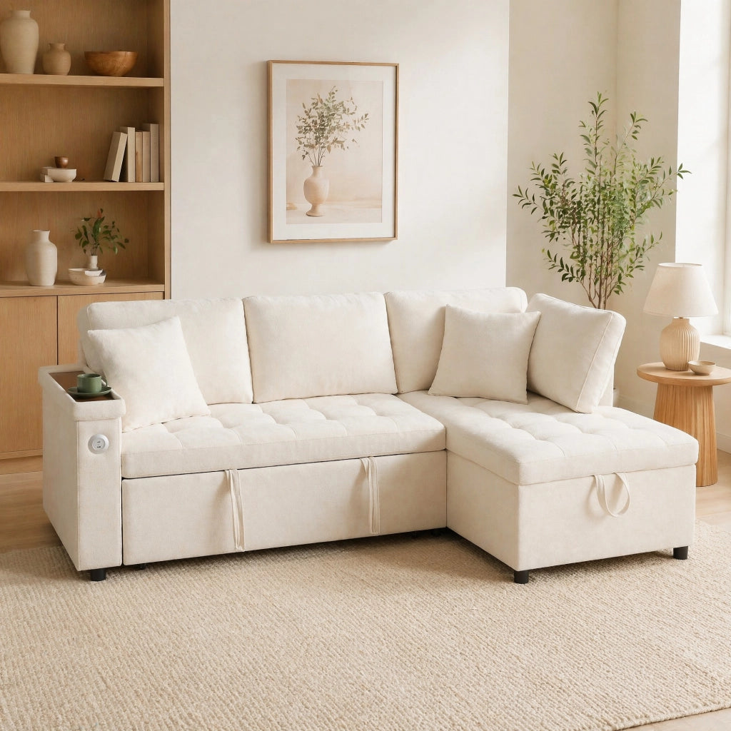 DIVANO LETTO angolare destro 209x130 cm in Chenille Beige con contenitore e USB