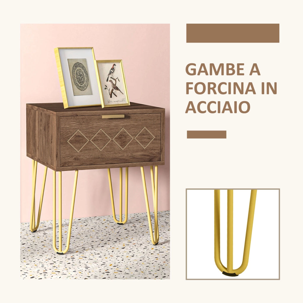 Comodini Moderni Set 2 Pezzi con Cassetto , Comodini Camera da Letto, Salotto, in Truciolato e Acciaio, 39.5x41x49 cm, Marrone e Oro