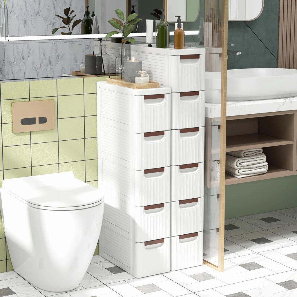 Mobiletto Stretto con Ruote, Carrello e Organizzatore Slim con 3/4/5/6 Cassetti per Spazi Piccoli, Cassettiera di Plastica per Soggiorno, Bagno, Cucina, Bianco (42 x 19 x 109 cm)