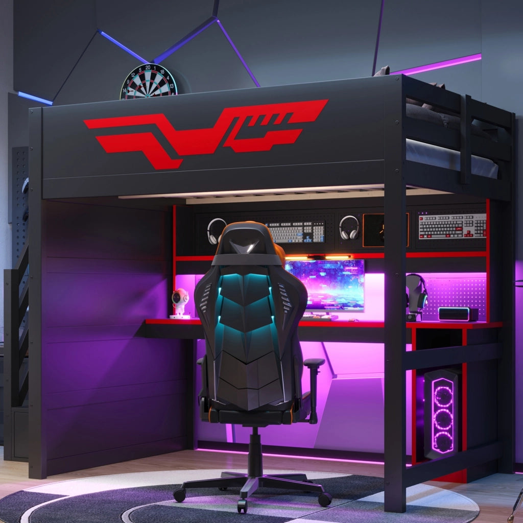 Letto a soppalco 140x200 cm con scrivania, scala contenitore, LED e USB