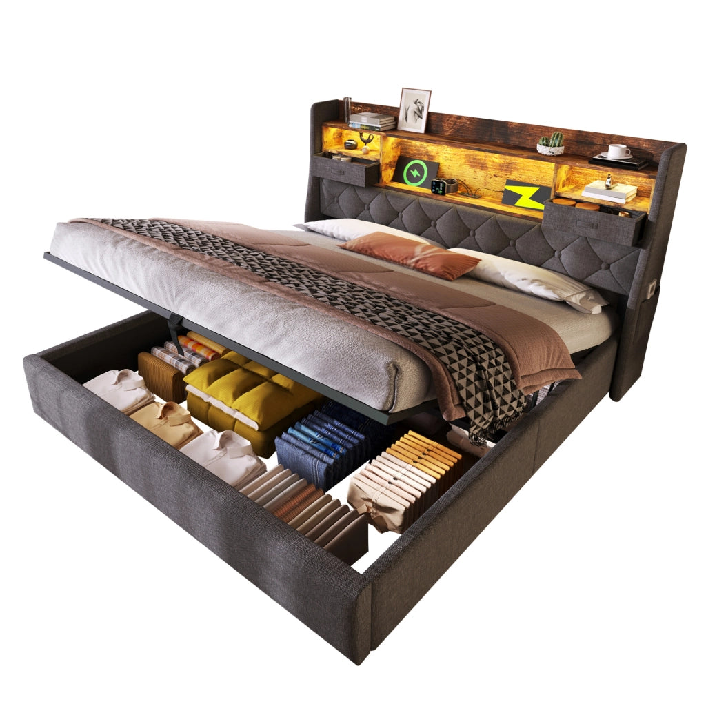 Letto imbottito 160 x 200 cm grigio con materasso, LED e ricarica