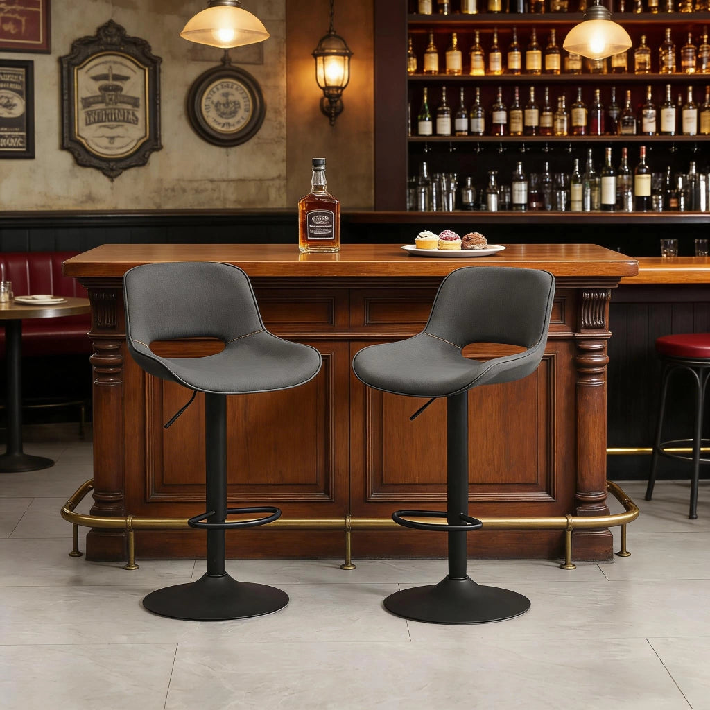 Sgabello da bar girevole con schienale ergonomico e seduta imbottita in lino e metallo grigio altezza regolabile set da 2