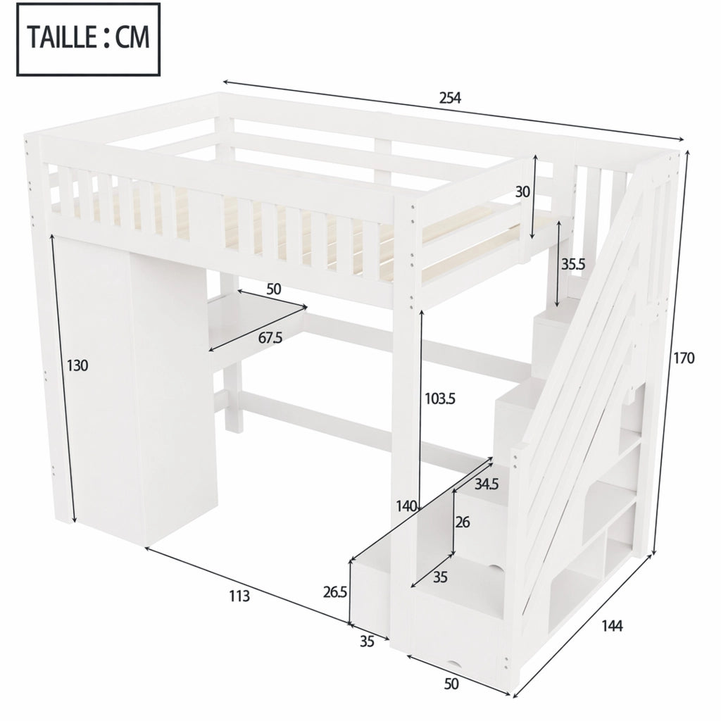 Letto a soppalco 140 × 200 cm con scala contenitore, scrivania, armadio, LED, panca, sans materasso, bianco