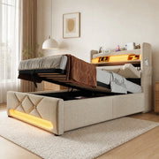 LETTO singolo 90x200 cm con LED 360°, testiera con USB e Type-C, lino beige