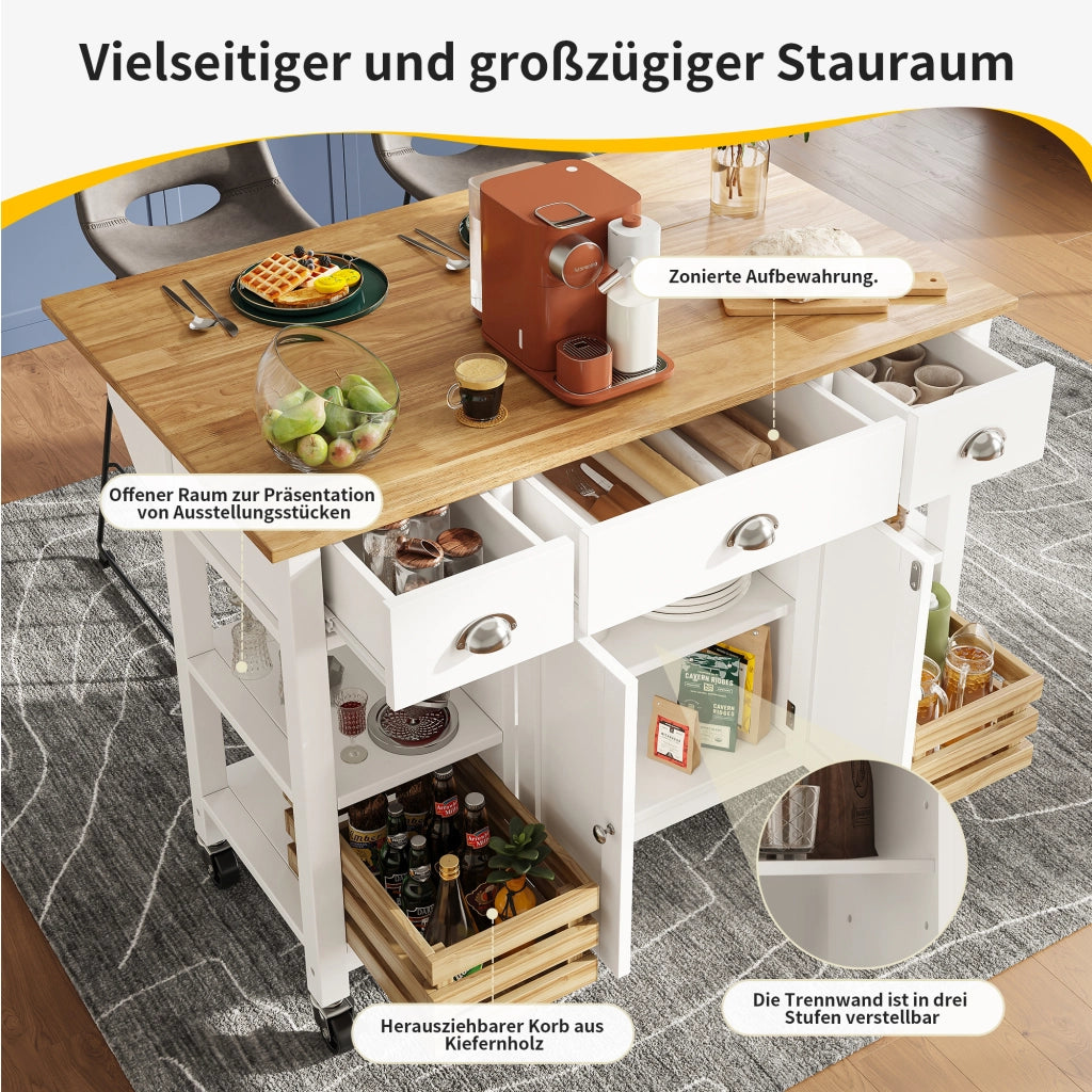 OKWISH Carrello da Cucina con 1 Cassetto, 1 Anta, Ripiano Regolabile, Piano Ribaltabile e Ruote, 120×45×90 cm