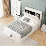 Letto singolo 90x200 cm con contenitore e sollevamento idraulico; similpelle bianco