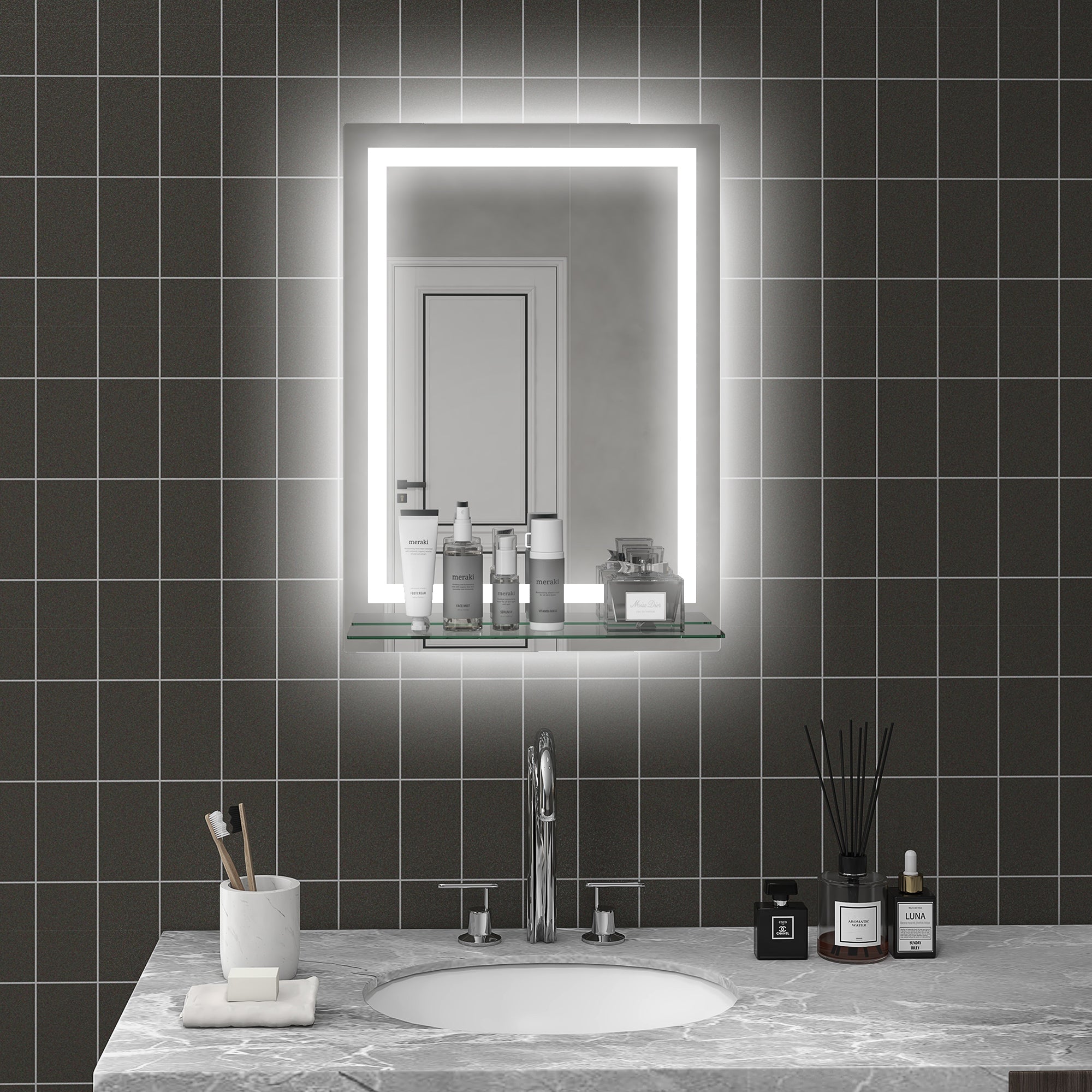 Specchio Bagno a Parete Cornice Luce LED a 3 Colori Mensola in Vetro 50x12x70 cm