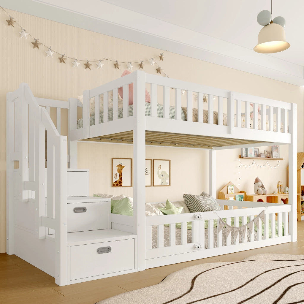 Letto a castello 90 × 200 cm con scala laterale e vano portaoggetti, senza materasso, in legno, bianco
