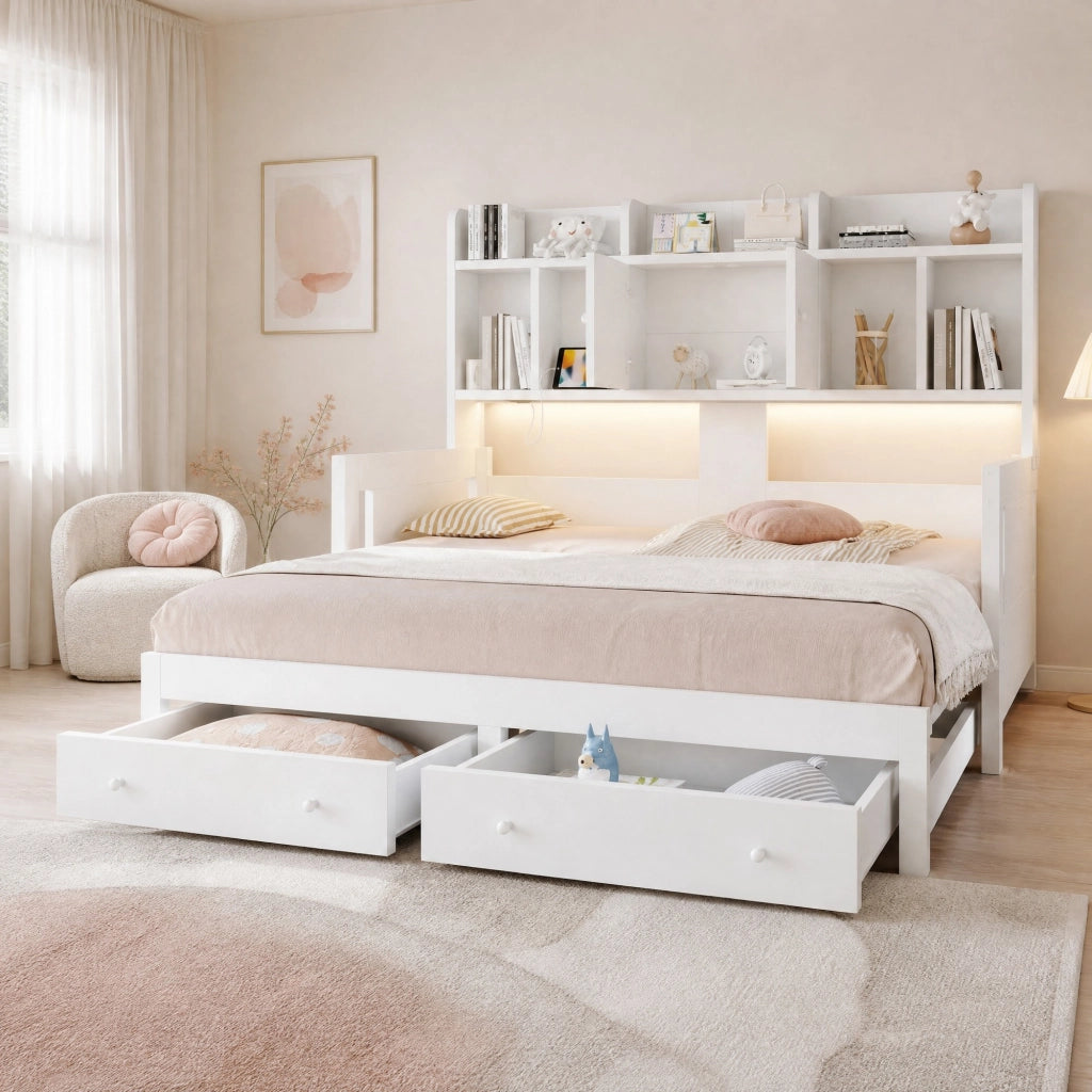 DESMIU Letto Divano 1 Posto con 2 Cassetti, Vani, Presa e LED, 90 × 190 cm e 180 × 190 cm, Senza Materasso