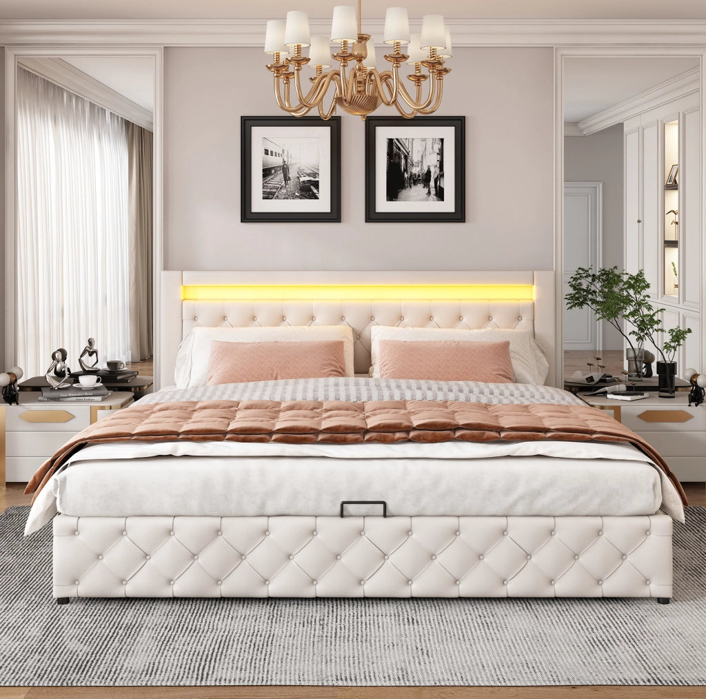 Polsterbett 180x200 cm con contenitore; LED; rete a doghe; PU bianco