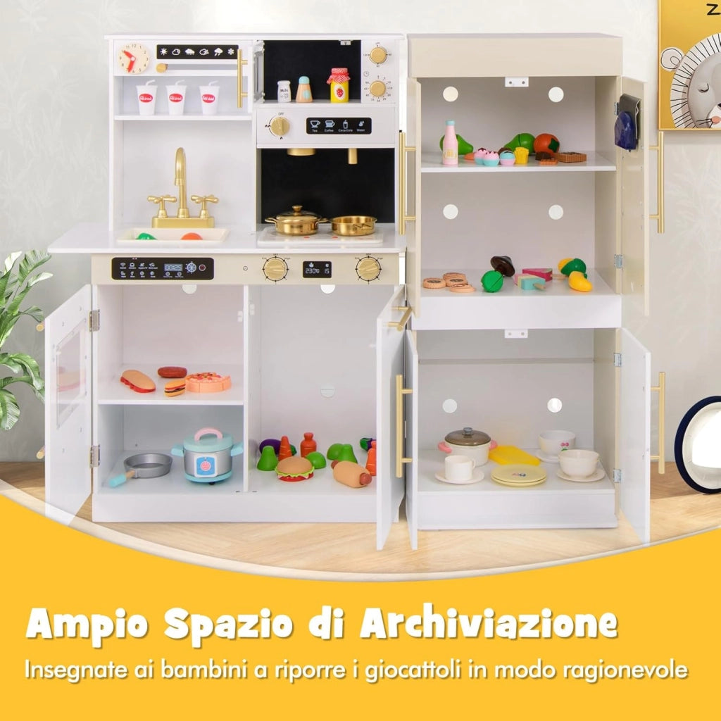 Set da Cucina Giocattolo per Bambini, Cucina per Bambini in Legno con Frigorifero, Macchina da Caffè, Microonde, Fornello, Luci e Suoni Realistici, per 3+ Anni