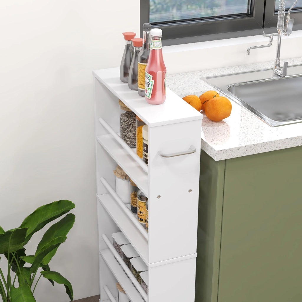 Carrello portaspezie stretto a 4 ripiani con ruote, bianco, 45 x 15 x 91 cm