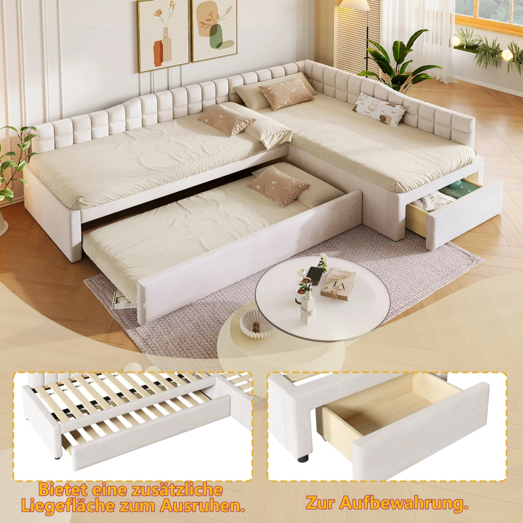 Letto combinato 90 × 200 cm con letto estraibile, 2 cassetti, senza materasso, in flanella beige