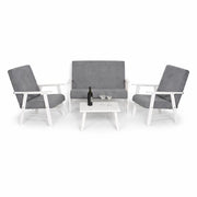 SET SALOTTO DA GIARDINO CON DIVANO, 2 POLTRONE + TAVOLINO IN LEGNO BIANCO E TESSUTO COLORE GRIGIO