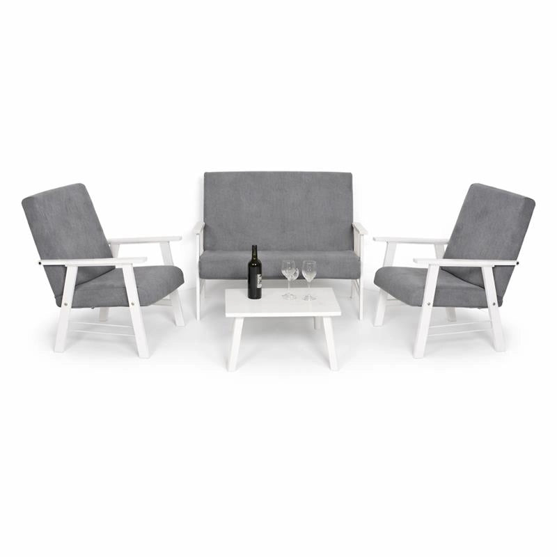 SET SALOTTO DA GIARDINO CON DIVANO, 2 POLTRONE + TAVOLINO IN LEGNO BIANCO E TESSUTO COLORE GRIGIO