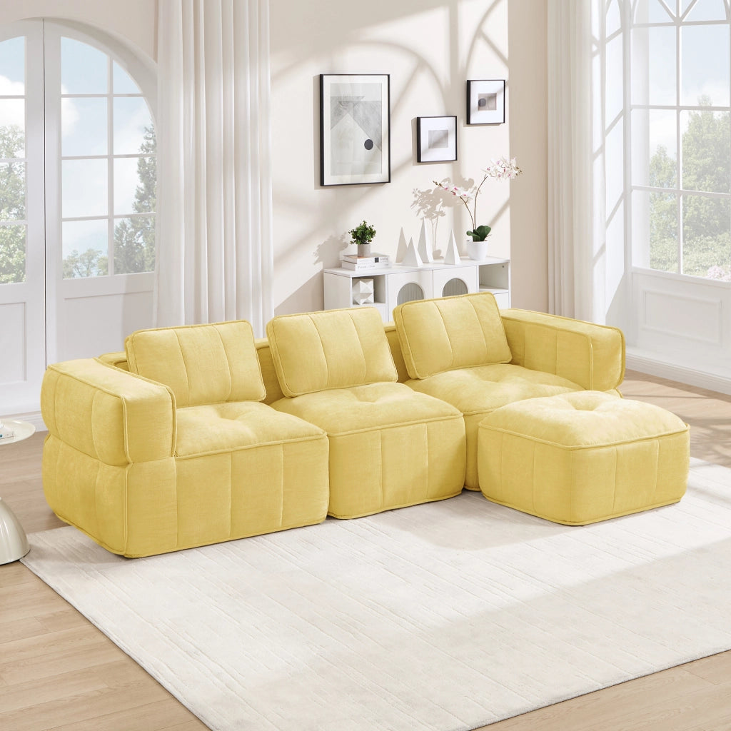 Divano modulare senza struttura con pouf, tessuto in poliestere giallo, 3 posti, seduta profonda 271 × 162 × 67 cm
