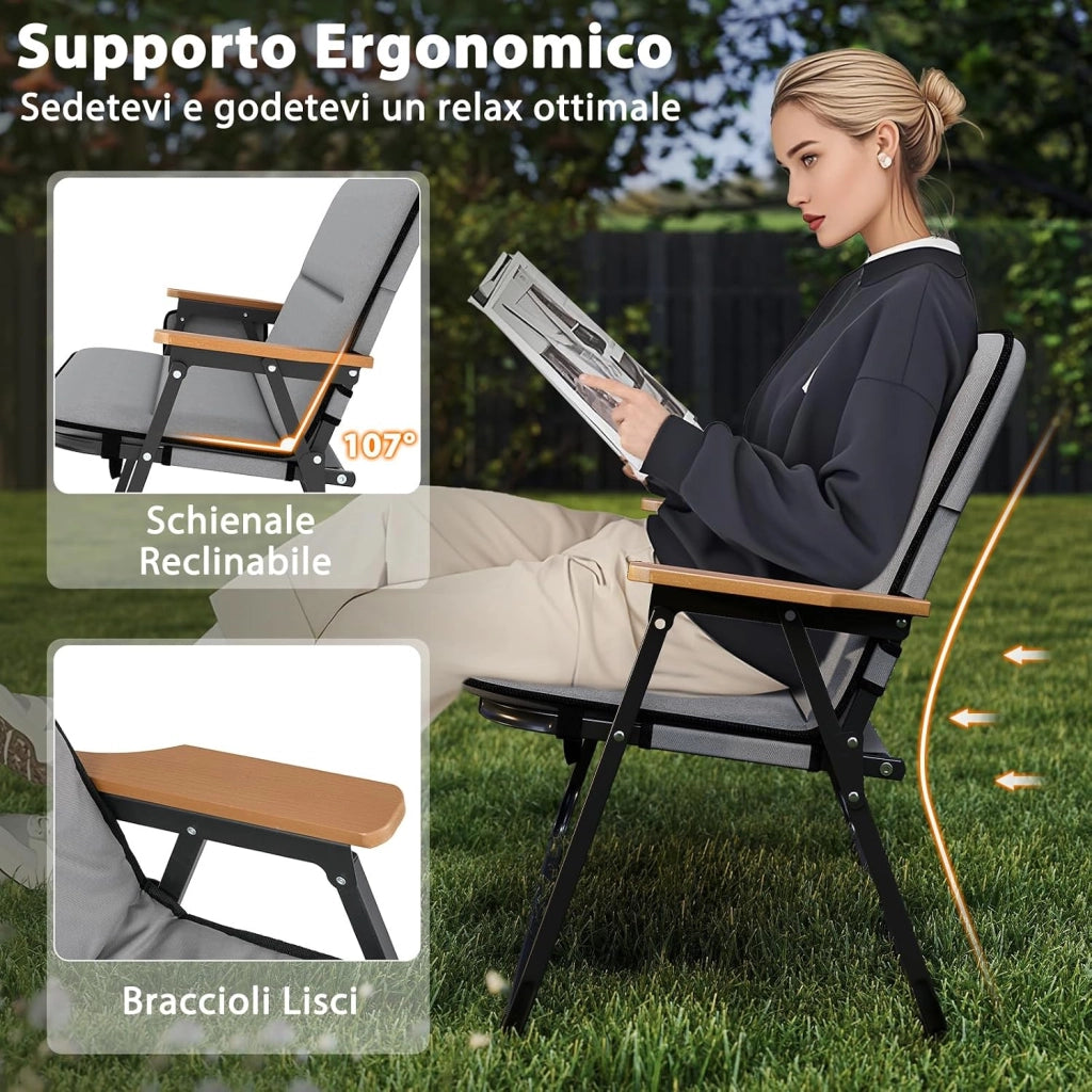Sedia da Campeggio Pieghevole a 2 Posti, Panca da Campeggio con Cuscino Rimovibile, Tasca Laterale, Braccioli, Sedia da Giardino Portatile a Carico Pesante per Esterni, Portata 300 kg