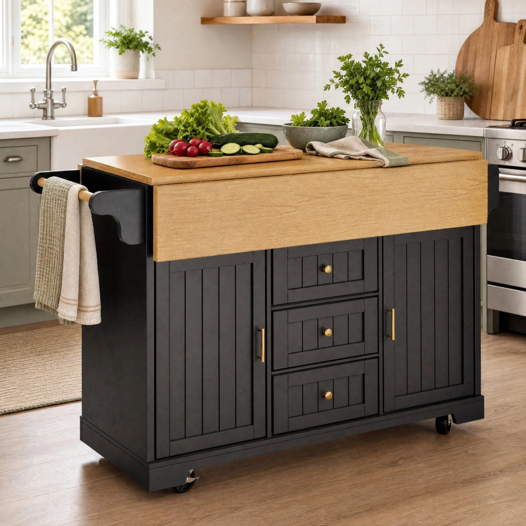 ISOLA CUCINA 120x40x95 cm MDF Nero con 3 Cassetti e Ruote