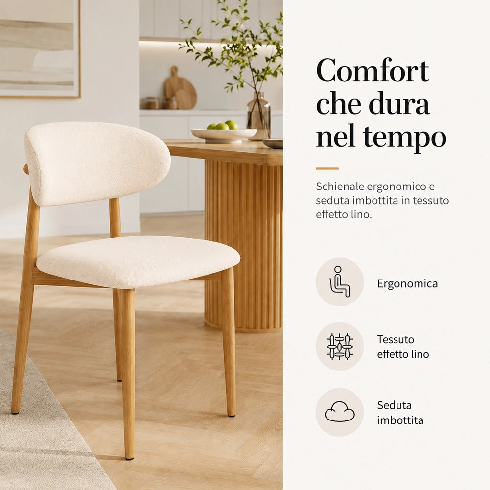 Set 4 Sedie da Pranzo con Gambe in Metallo Effetto Legno e Seduta Tessuto Beige