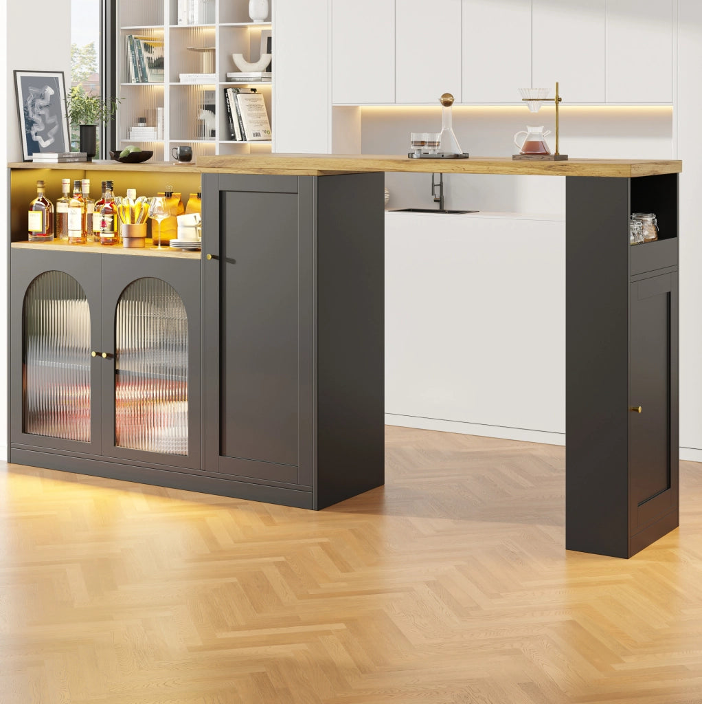 Mobile bar girevole a 360° con LED e vetrina, nero